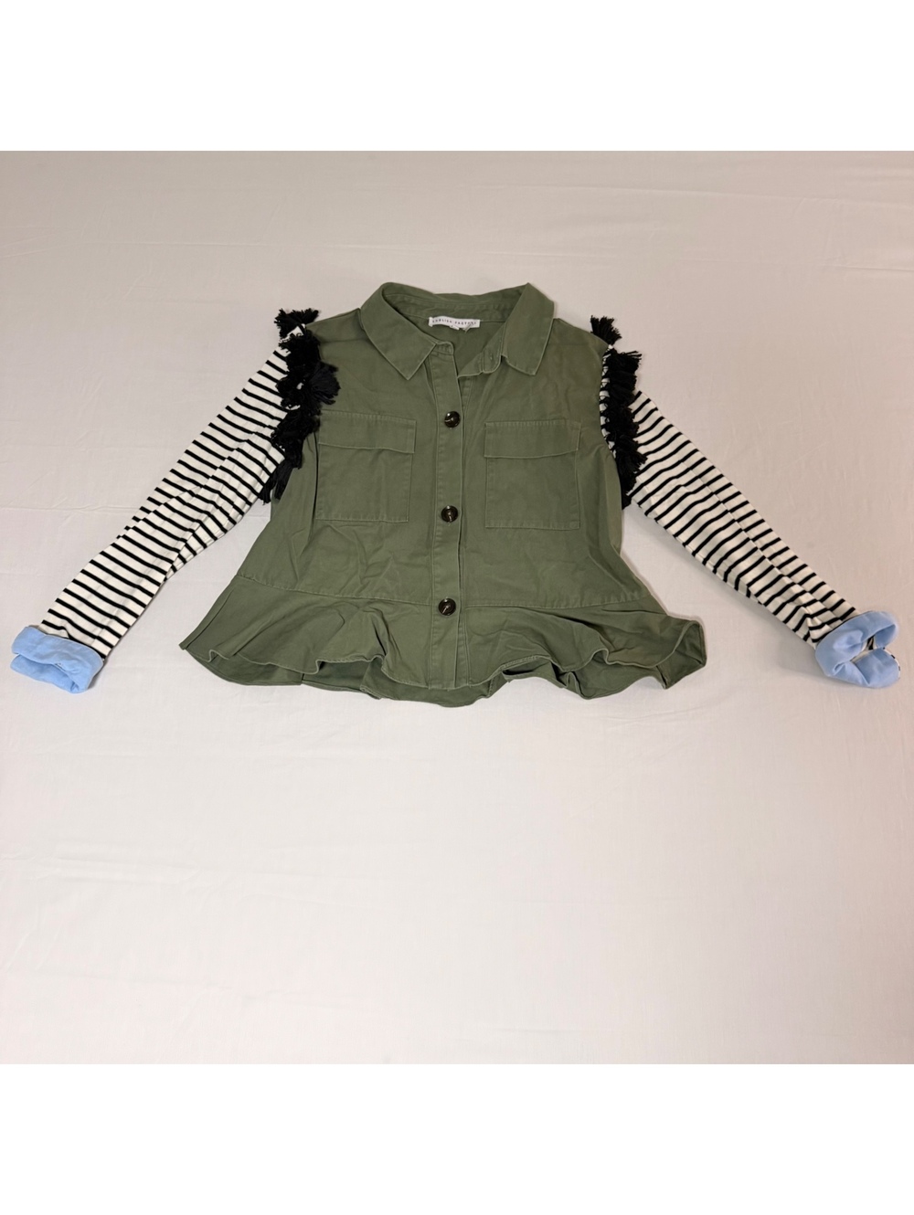 English Factory Green Button-Front Peplum Vest with Black Tassel Trim and Stripy